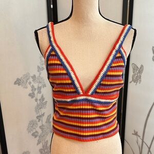 Striped V-Neck Knit Tank Top in Red, Yellow & Blue
